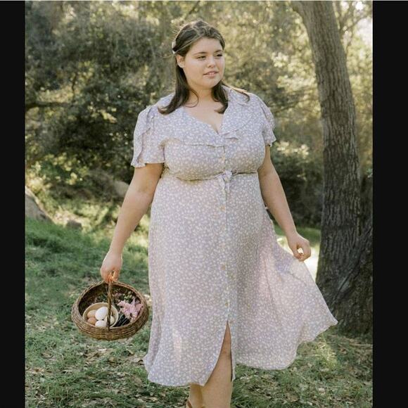 Christy Dawn Midi Dress Lavender Floral Ruffle Collar Button Up Tie Waist 3X - Picture 13 of 13